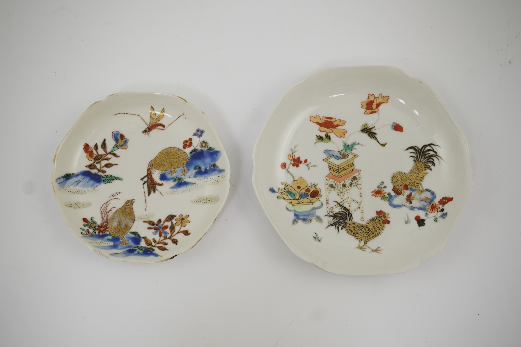 Two Chinese semi-eggshell porcelain hexagonal saucers and a similar cup, Yongzheng/Qianlong period